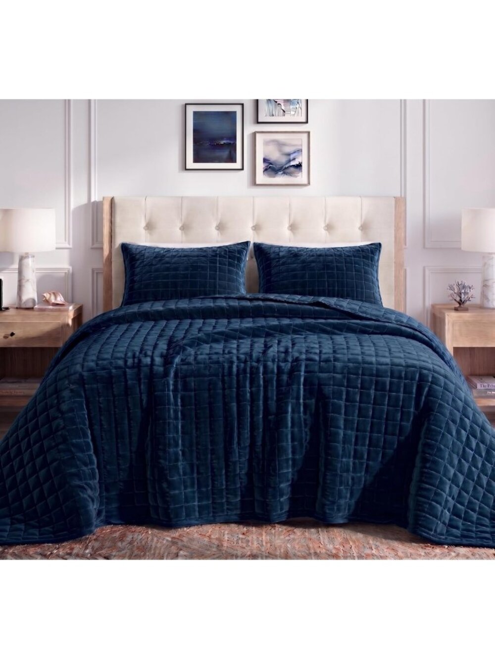 Luxury Velvet Queen Quilt Set - Ultra-Soft Oversized Bedspread & 2 Shams, Navy